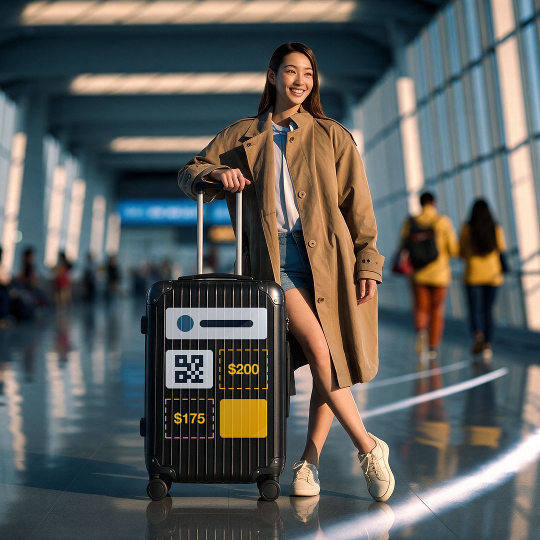 A creator at the airport with her carry-on. Its front carries sponsor spots: a logo, a QR code and a solid amber panel sold, two spots still open at $200 and $175.
